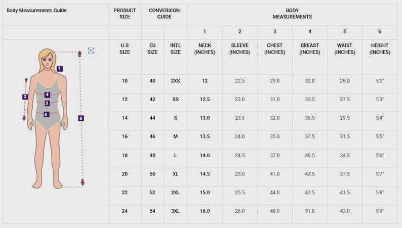 May include: Body measurements guide with a chart showing product sizes, conversion guides, and body measurements in inches. Includes neck, sleeve, chest, breast, waist, and height measurements. A diagram of a person is on the left.