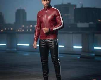 Men's Leather Tracksuit | Maroon Biker Jacket & Jogger Set | Contrast Racer Suit