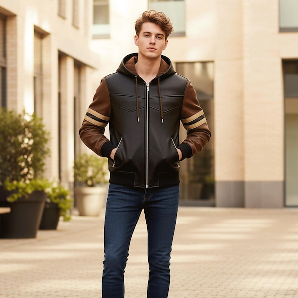 Herren Echtleder Varsity Jacke mit Kapuze | Bomber Hoodie mit gestreiften Ärmeln