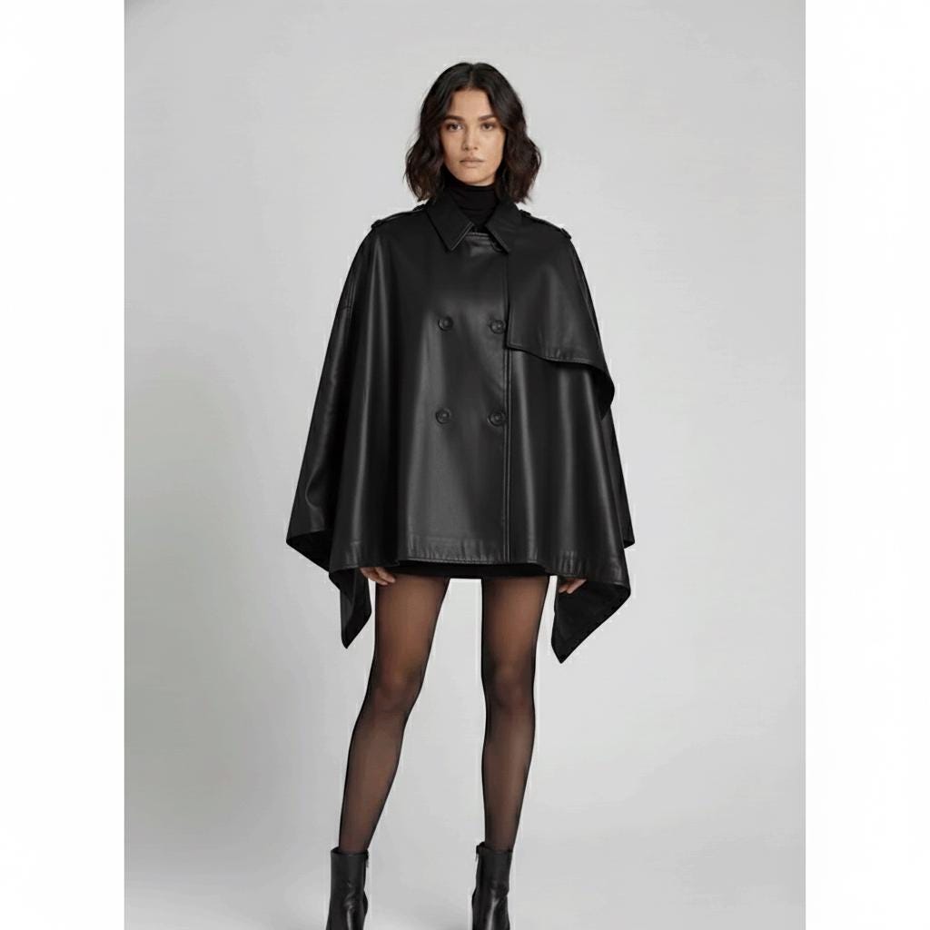 Women Leather Cape Poncho,handmade Luxurious Black Lambskin Trench