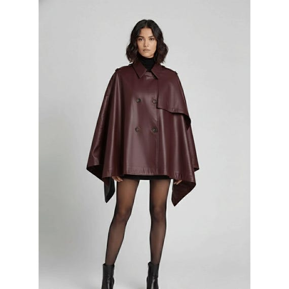 Women Leather Cape Poncho,handmade Luxurious Black Lambskin Trench