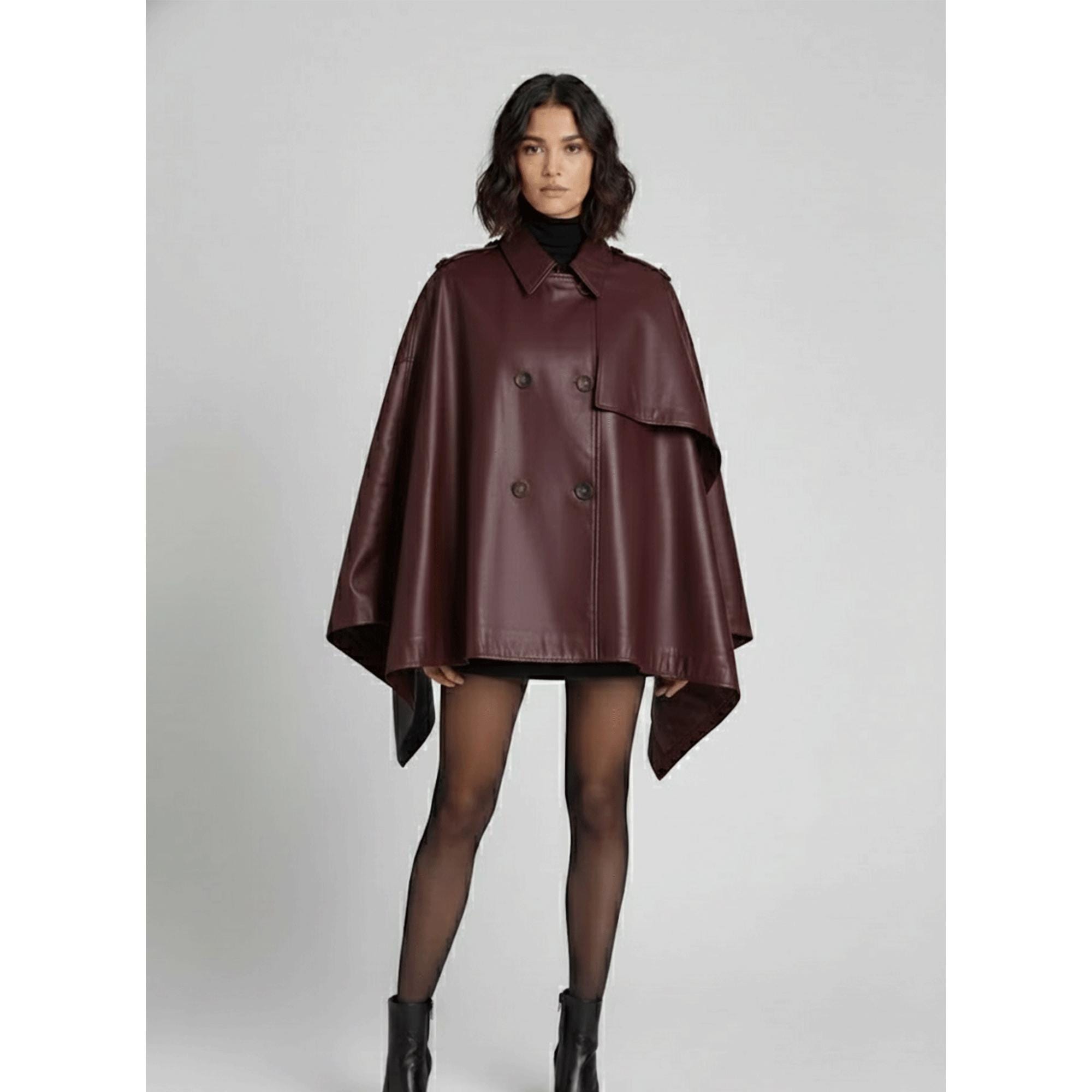 Women Leather Cape Poncho,handmade Luxurious Black Lambskin Trench