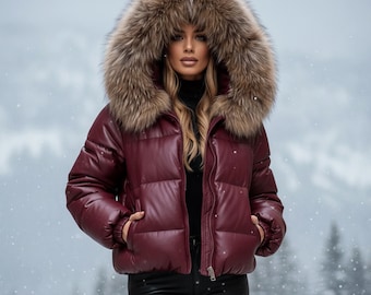 Women’s Leather Puffer Jacket with Faux Fur Hood – Warm Winter Coat
