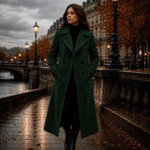 May include: A long, dark green, double-breasted wool coat with wide lapels, structured shoulders, and black buttons. The coat features a tailored fit, long sleeves, and deep side pockets, worn over a black turtleneck and black trousers.