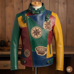 May include: A patchwork leather jacket in a variety of colors, including green, yellow, red, and blue. The jacket features multiple patches with designs such as a compass rose, a griffin, and an airship. It has a zip-up front and a stand-up collar.