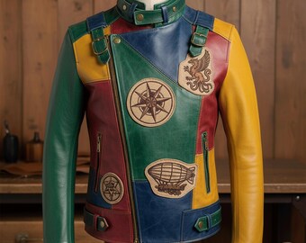 Chaqueta de cuero patchwork hecha a mano para hombre – Abrigo vintage multicolor con diseño de brújula estilo steampunk