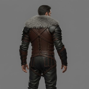 Op de afbeelding: Een bruine leren jas met een grijze bontkraag, zwarte leren mouwen en een zwarte leren broek. De jas heeft een veterrug en pantserachtige details op de schouders en armen. De outfit is ontworpen met een middeleeuws of fantasiethema.