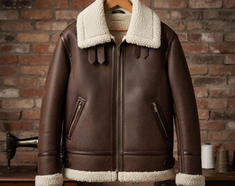 Men’s Brown Shearling Leather Aviator Jacket – Handmade Winter Pilot Coat