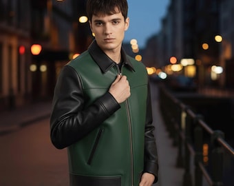 Men’s Green and Black Varsity Jacket | Genuine Leather Bomber | Custom Two Tone College Jacket