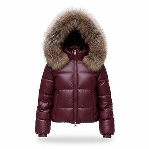 K&ouml;nnte beinhalten: Burgunderfarbene Steppjacke mit Pelzkapuze. Die Jacke hat einen Rei&szlig;verschluss vorne und gerippte B&uuml;ndchen. Der Pelzbesatz ist eine Mischung aus Braun und Beige. Die Jacke ist ein Winter-Oberbekleidungsartikel.