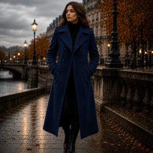 May include: A long, double-breasted navy blue wool coat featuring a wide notched lapel, structured shoulders, and dark buttons. The coat is worn over a black turtleneck sweater and is paired with black boots, creating a sleek, layered look.