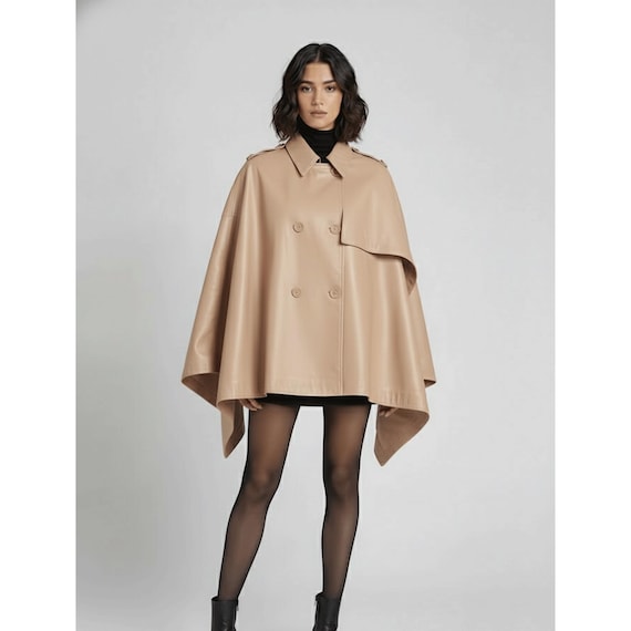 Women Leather Cape Poncho,handmade Luxurious Black Lambskin Trench