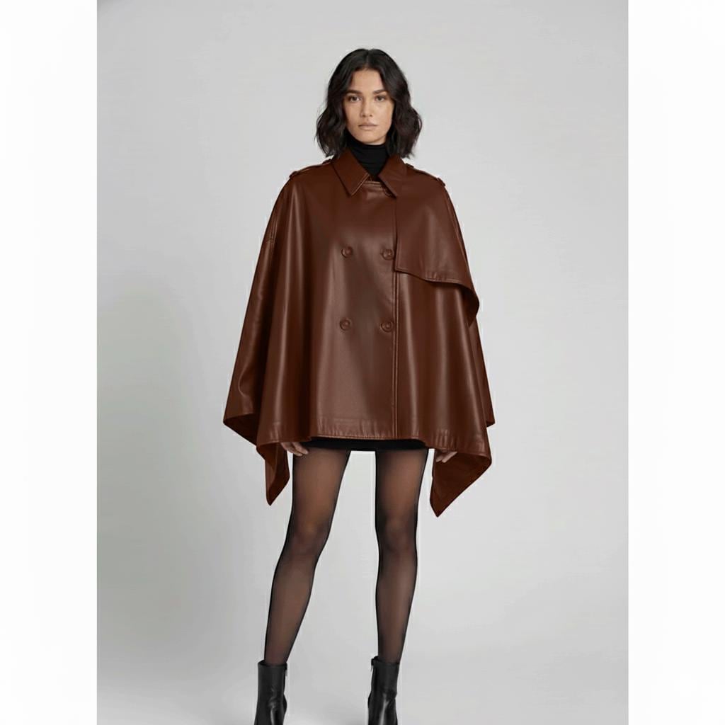 Women Leather Cape Poncho,handmade Luxurious Black Lambskin Trench