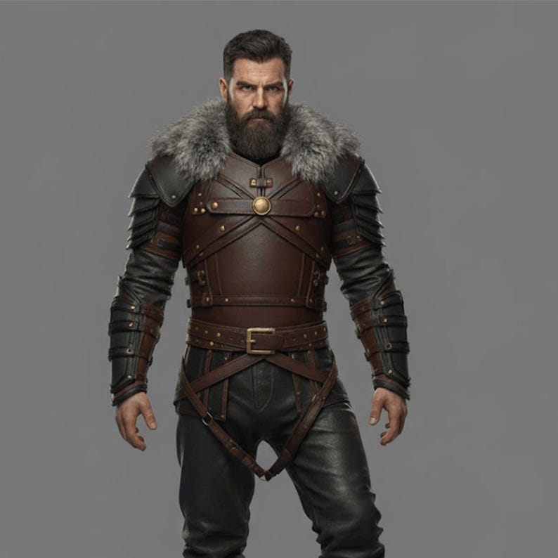 Op de afbeelding: Een bruin leren vest met bontafwerking, bijpassende leren mouwen en broek. Het vest heeft een gouden sluiting en wordt vastgezet met een bruine leren riem. De outfit is ontworpen met een middeleeuws of fantasiethema.