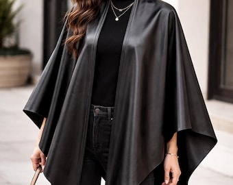 Women’s Black Leather Cape Shawl – Elegant Open Front Cape Coat