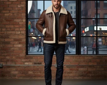 Men’s Brown Shearling Leather Aviator Jacket – Handmade Winter Pilot Coat