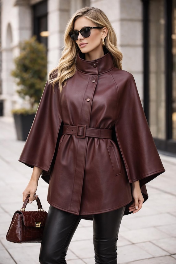 Women Burgundy Leather Cape Coat | Handmade Batwing Poncho Jacket Belted