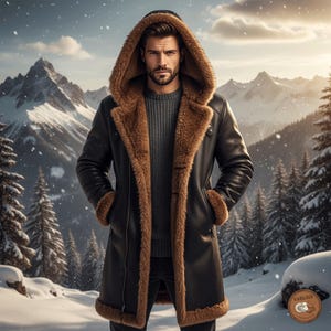 May include: A black leather coat with a brown fur-lined hood and trim. The coat is worn over a gray sweater. The background features a snowy mountain landscape and evergreen trees. The coat has a classic, winter style.