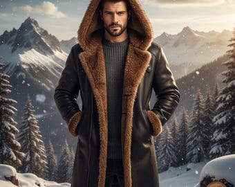 May include: A black leather coat with a brown fur-lined hood and trim. The coat is worn over a gray sweater. The background features a snowy mountain landscape and evergreen trees. The coat has a classic, winter style.