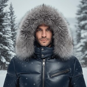 May include: A navy blue winter coat with a fur-lined hood. The coat has a zipper closure and a pocket on the chest. The person in the image is wearing the coat in a snowy environment.