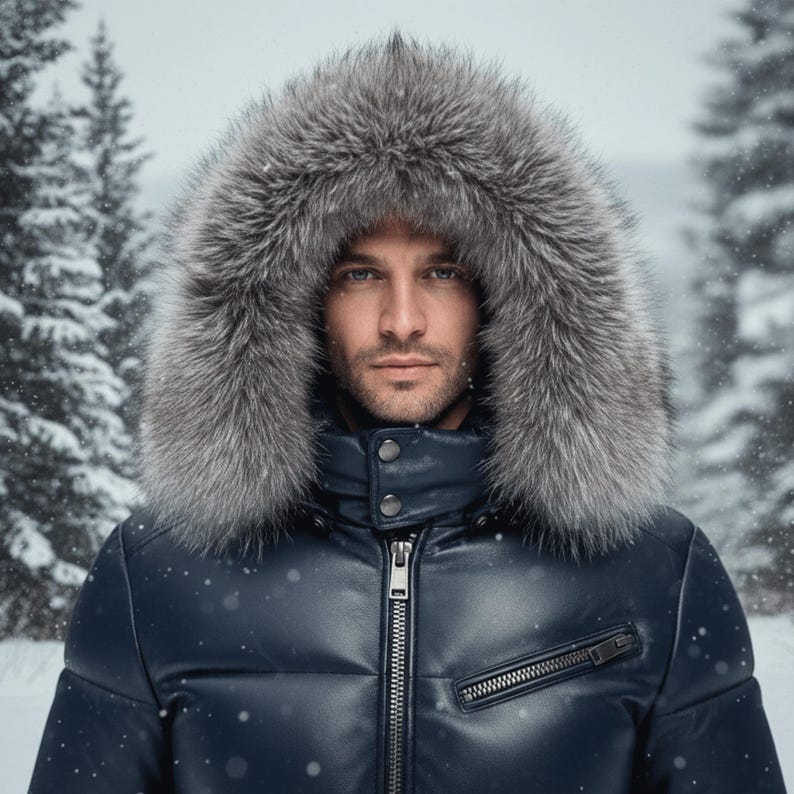 May include: A navy blue winter coat with a fur-lined hood. The coat has a zipper closure and a pocket on the chest. The person in the image is wearing the coat in a snowy environment.