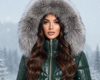 Damenleder Steppjacke mit großer Kunstpelzkapuze - Winter Warmer grüner Mantel