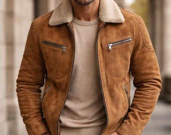 Men’s Suede Leather Jacket with Shearling Collar | Handmade Winter Coat