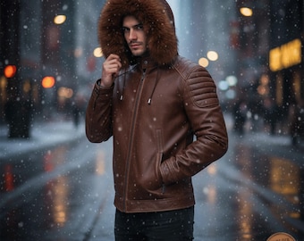 Braune Leder Bomberjacke Herren | Pelz Kapuze Wintermantel | Streetwear Oberbekleidung