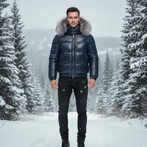 May include: A navy blue puffer jacket with a fur-trimmed hood. The jacket has a zip closure and ribbed cuffs. The person is wearing black jeans and black boots. The background is a snowy forest.