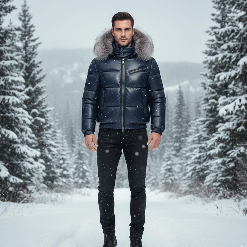 May include: A navy blue puffer jacket with a fur-trimmed hood. The jacket has a zip closure and ribbed cuffs. The person is wearing black jeans and black boots. The background is a snowy forest.