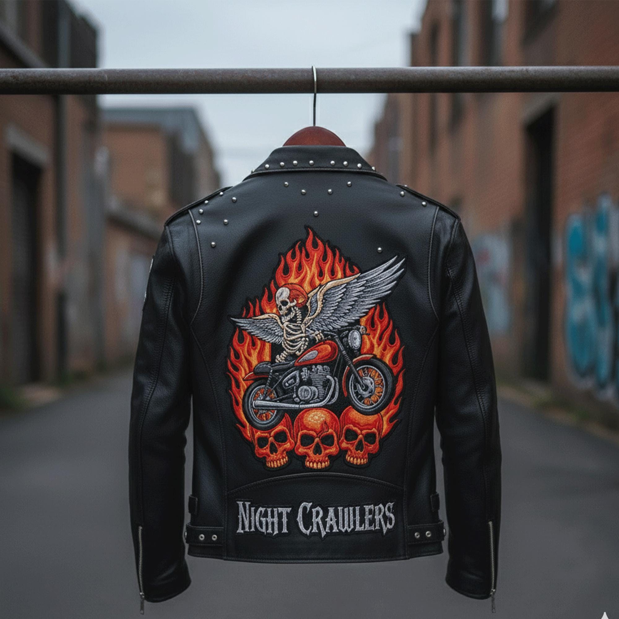 Men's Handmade Biker Leather Jacket – Skeleton Flame Patch | Night