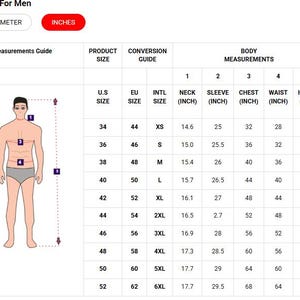 May include: A body measurements guide for jackets, labeled "Jacket For Men." The chart includes U.S., EU, and international sizes, along with neck, sleeve, chest, waist, and height measurements in inches. A diagram illustrates body measurement points.
