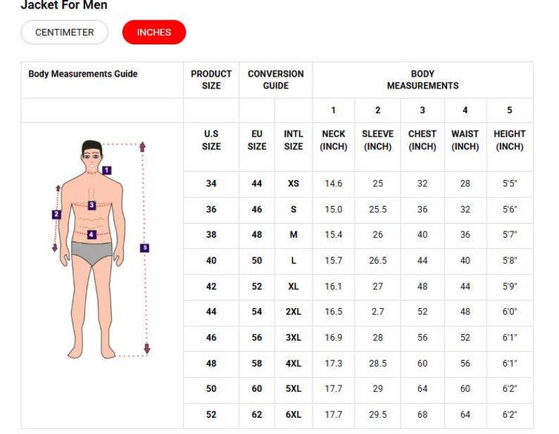 May include: A body measurements guide for jackets, labeled "Jacket For Men." The chart includes U.S., EU, and international sizes, along with neck, sleeve, chest, waist, and height measurements in inches. A diagram illustrates body measurement points.