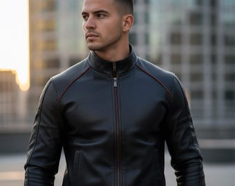 Men’s Black Leather Tracksuit Set – Slim Fit Jacket & Pants with Red Stitching