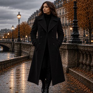 May include: A long, black, double-breasted wool-blend coat featuring wide lapels, structured shoulders, and button closures. The coat is worn over a black turtleneck sweater and is paired with black boots, creating a monochromatic ensemble.