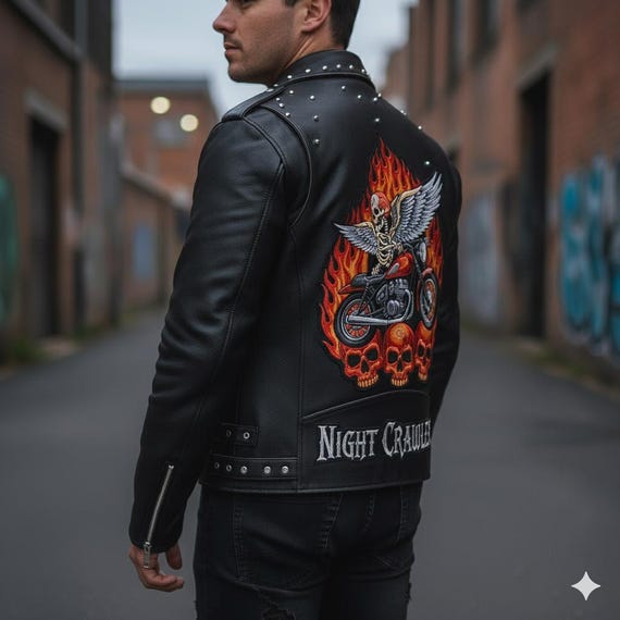 ☆Harley-Davidson シングルライダースジャケット 背面ロゴ スカル Men's Handmade Biker Leather Jacket – Skeleton Flame Patch | Night