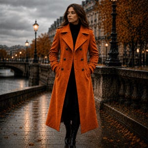 May include: A long, double-breasted coat in a vibrant burnt orange color, featuring wide lapels, structured shoulders, and two vertical rows of dark buttons. The coat has long sleeves with cuff details and is worn over a black high-neck garment.