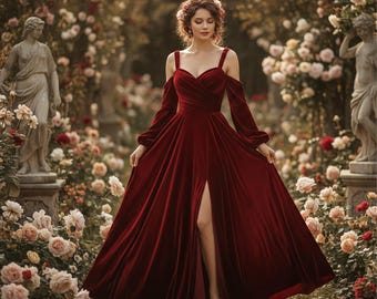 Luxury Velvet Evening Gown | Romantic Off Shoulder Maxi Dress | Burgundy Prom Wear