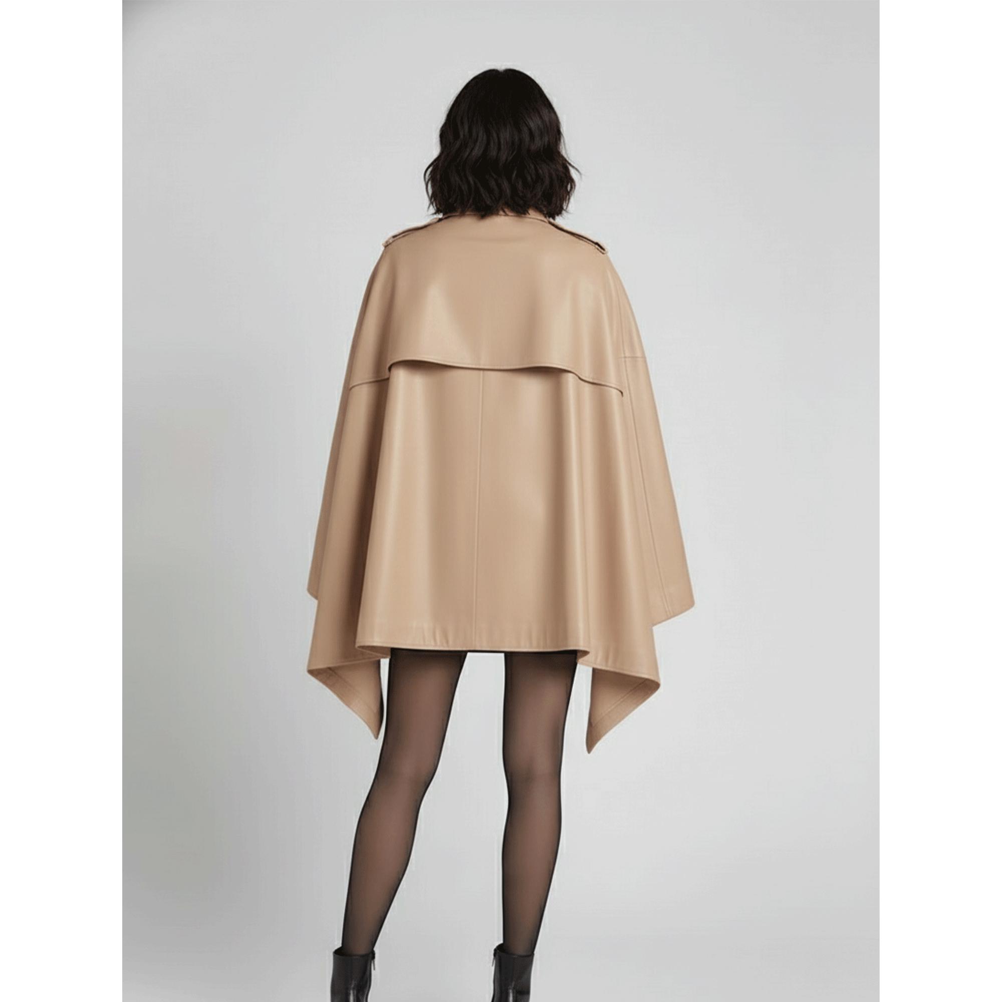 Women Leather Cape Poncho,handmade Luxurious Black Lambskin Trench