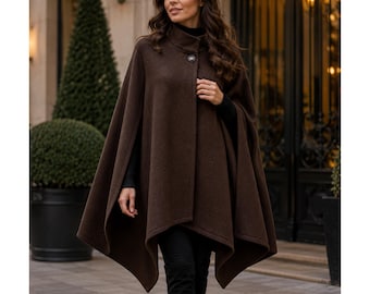Women's Chocolate Brown Wool Blend Cape Coat, Elegant High Collar, Asymmetrical Hem
