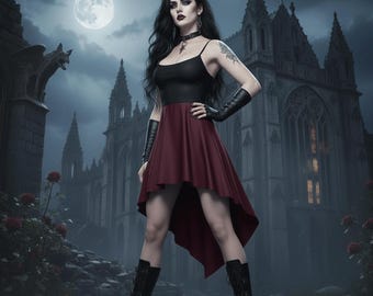 Handmade Gothic Full Leather Evening Outfit – Black Burgundy High-Low Dress Women