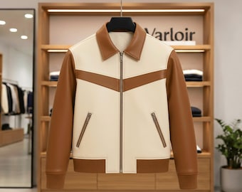 Men’s Brown and Cream Varsity Jacket | Genuine Leather Bomber | Two Tone College Style Jacket