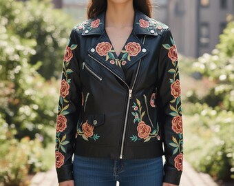 Womens Dragon Leather Jacket Blume| Floraler Biker Streetwear Mantel | Boho Festival bestickt