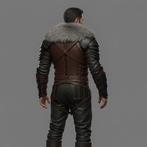 Op de afbeelding: Een bruine leren jas met een grijze bontkraag, zwarte leren mouwen en een zwarte leren broek. De jas heeft een veterrug en schouderpantser. De outfit is ontworpen met een middeleeuws of fantasiethema.