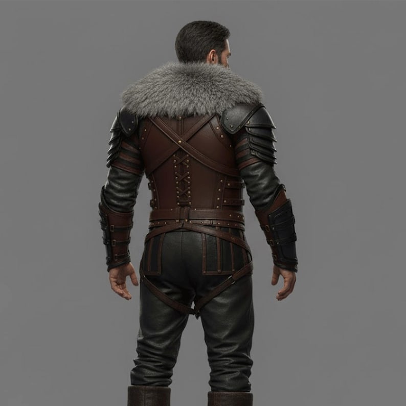 Op de afbeelding: Een bruine leren jas met een grijze bontkraag, zwarte leren mouwen en een zwarte leren broek. De jas heeft een veterrug en schouderpantser. De outfit is ontworpen met een middeleeuws of fantasiethema.