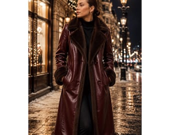 May include: A long, deep burgundy leather coat featuring a dark brown faux fur lining along the wide lapels, cuffs, and hem. The coat is double-breasted with visible buttons and is worn over a black turtleneck sweater and black trousers.