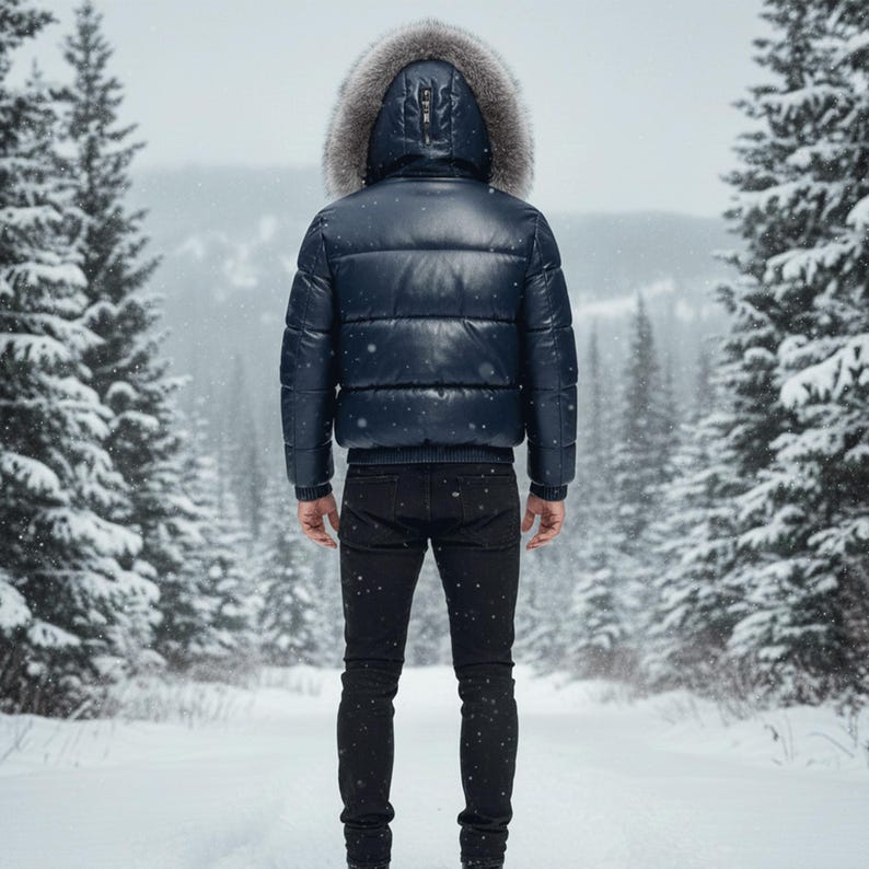 May include: A navy blue puffer jacket with a fur-lined hood. The jacket is worn with black jeans. The person is standing in a snowy forest. The jacket has a quilted design and a zipper closure.