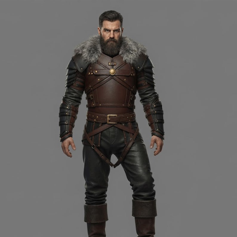 Op de afbeelding: Een persoon in een bruin leren en met bont afgewerkt outfit. De outfit bestaat uit een leren vest, een shirt met lange mouwen, een leren broek en laarzen. De outfit heeft een middeleeuws of fantasiethema.