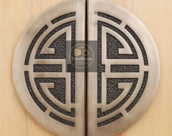 Pair 25cm Round Diameter Solid Brass Chinese Door Pulls, Brass Door Handle, Antique Style Brass Door Hardware, Vintage Brass Door Pulls