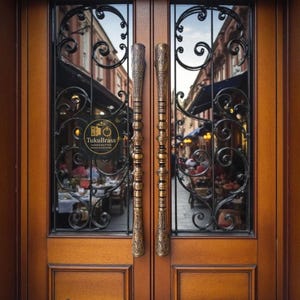 May include: Wooden double doors with ornate brass handles and decorative wrought iron grilles. The handles are long and detailed, with a textured design. The doors feature a logo that reads "TukuBrass Handcrafted Brass Hardware."